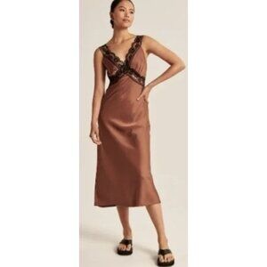 ABERCROMBIE & FITCH Satin Lace Midi Slip Dress Terracotta Y2K Friends Holidays